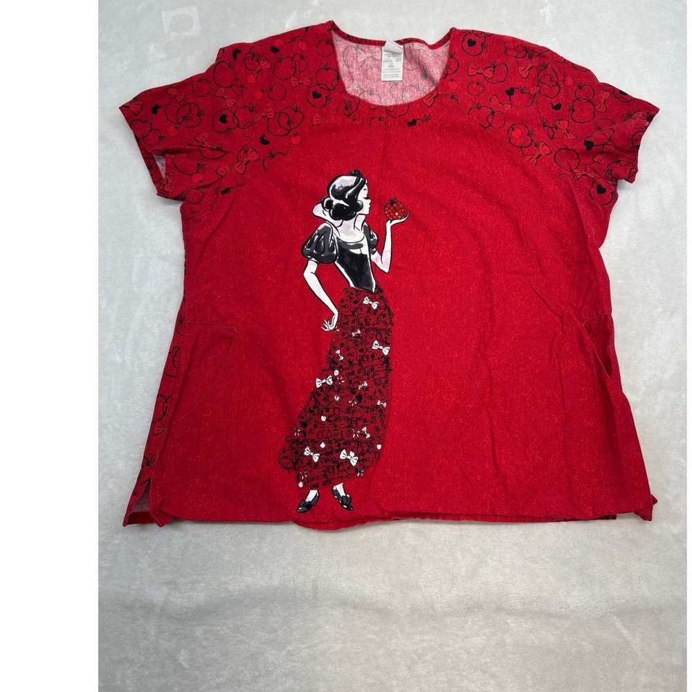 Disney Scrub Top Women 2XL Red Snow White Apple Print Short Sleeve Pockets